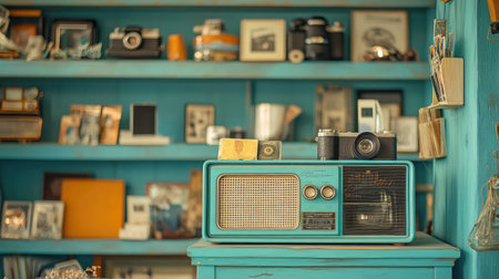 A vibrant vintage scene featuring an old radio and cameras on a wooden shelf against a bright blue backdrop, showcasing a delightful mix of memories and decorative antiques.の素材