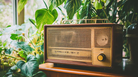 A charming vintage radio rests on a wooden surface, surrounded by vibrant green plants, creating a warm and inviting atmosphere full of nostalgia and comfort.の素材
