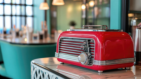 A striking red toaster with chrome details placed on a marble countertop highlights vintage design in a chic cafe setting, perfect for modern cooking enthusiasts.の素材