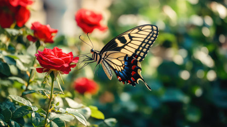 A stunning butterfly perched on a bright red rose in a lush garden, capturing the beauty and harmony of nature's vibrant colors and delicate details.の素材