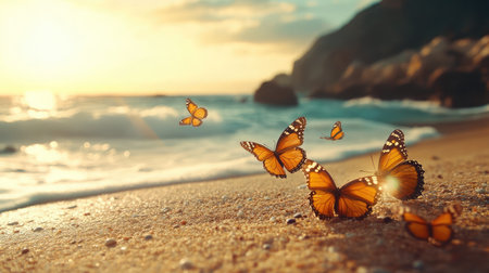 Delight in the enchanting sight of monarch butterflies gracefully dancing near a tranquil beach at sunset, where the vibrant colors harmonize with the soothing ocean waves.の素材