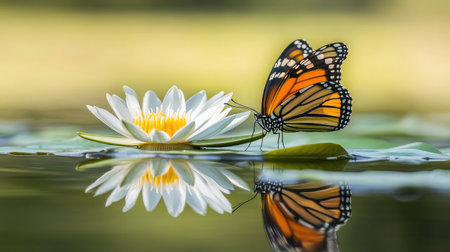 A breathtaking image of a monarch butterfly perched gracefully on a blooming white water lily, reflecting beautifully on the calm surface of a serene pond, evoking peace and tranquility.の素材
