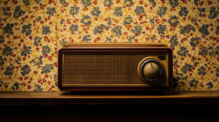 This vintage radio rests on a wooden table, surrounded by a colorful floral wallpaper. The nostalgic design captures the essence of retro home decor, blending aesthetics and history.の素材