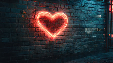 A stunning neon heart sign radiates warmth and vibrancy against a dark wall, creating an artistic and romantic atmosphere ideal for various creative projects.の素材