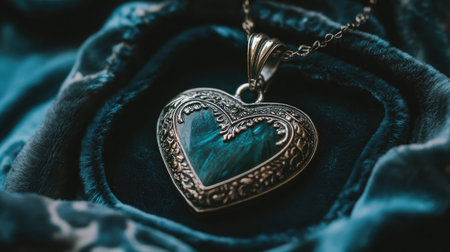Elegant silver heart pendant necklace featuring a stunning stone, placed on a soft velvet background, perfect for showcasing the beauty of fine jewelry and fashion accessories.の素材
