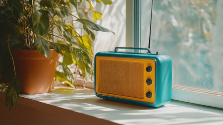 A charming turquoise radio with yellow accents sits on a windowsill bathed in sunlight, surrounded by vibrant plants, enhancing the cozy home atmosphere with a nostalgic touch.の素材