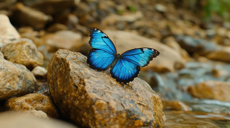 A stunning blue butterfly perched on a rock near a serene stream, highlighting its vibrant colors and delicate wings in a peaceful natural setting.の素材