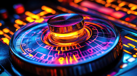 A stunning close-up of a retro volume control dial featuring vibrant illuminated details, blending modern digital aesthetics with vintage charm, perfect for audio enthusiasts.の素材