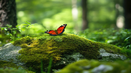 A stunning monarch butterfly delicately rests on a moss-covered rock in a serene forest. Soft light highlights the vibrant colors, creating a soothing natural ambiance.の素材