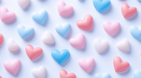 A delightful assortment of heart-shaped candies in soft pastel colors of pink, blue, and white, perfect for enhancing celebrations or adding a sweet touch to romantic moments.の素材