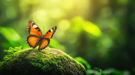 A beautiful butterfly rests gracefully on a moss-covered stone in a vivid green forest. Soft sunlight filters through leaves, enhancing the serene atmosphere of nature.の素材
