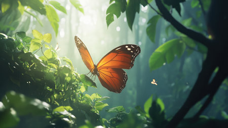 A stunning orange butterfly floats gracefully among lush green leaves in a sun-kissed forest, showcasing the incredible beauty and tranquility found in nature's vibrant wildlife.の素材