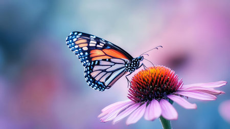 A stunning close-up captures a monarch butterfly delicately feeding on a vibrant coneflower, set against a soft and colorful background, showcasing nature's beauty.の素材