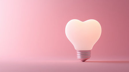 A heart-shaped light bulb emits a warm glow against a soft pink background, perfect for conveying themes of love, romance, and creativity in design concepts.の素材