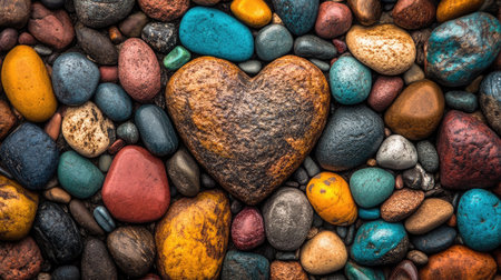 A heart-shaped rock nestled among a variety of colorful pebbles and stones, offering a captivating display of natural textures and vibrant colors, perfect for artistic projects.の素材