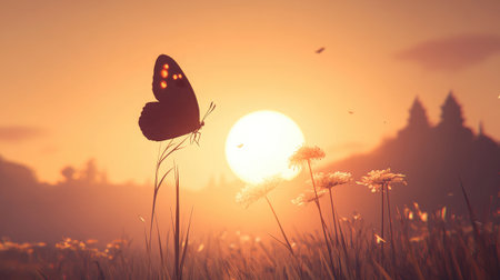 A stunning butterfly silhouette graces the foreground of a vibrant sunset, surrounded by delicate flowers, showcasing the peaceful beauty of nature in a tranquil landscape.の素材