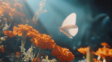 A serene scene showcases a white butterfly gracefully flying over vivid orange marigold flowers, illuminated by soft sunlight, highlighting nature's beauty and tranquility.の素材