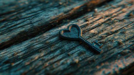 A heart-shaped key rests on a weathered wood surface, capturing the essence of love and mystery with its rustic charm and beautifully textured details.の素材