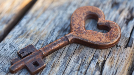 This image features a charming heart-shaped vintage key resting on a weathered wooden surface, showcasing unique textures that evoke nostalgia and romance, perfect for creative projects.の素材