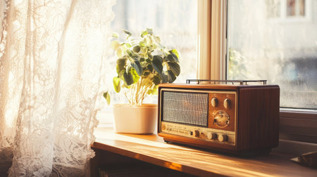 A charming interior scene featuring a vintage radio and a potted plant by a sunlit window, creating a warm, tranquil atmosphere in a relaxing home environment.の素材