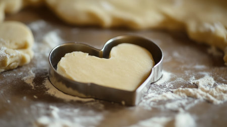 A heart-shaped cookie cutter rests on freshly rolled dough dusted with flour, capturing the essence of baking and love in a warm kitchen setting. Perfect for special occasions!の素材