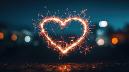 A captivating heart shape created with a sparkler against a dark night backdrop, surrounded by soft, blurred lights, perfect for expressing love and joy during celebrations.の素材
