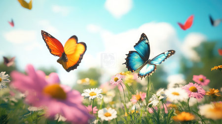 A stunning scene of vibrant butterflies dancing over a lush flower meadow under a bright blue sky, evoking a sense of beauty and tranquility in nature.の素材