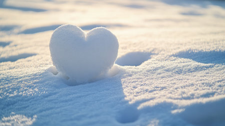A charming heart-shaped snow formation rests on a pristine winter landscape, illuminated by soft sunlight, evoking feelings of romance and tranquility in the cold season.の素材