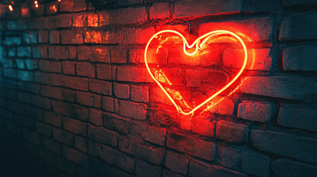A vibrant neon heart sign emits a warm glow against a textured brick wall, creating a romantic ambiance perfect for artistic photography and modern design projects.の素材