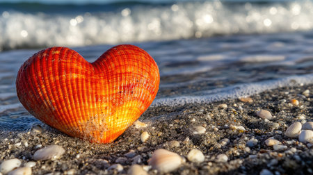 A striking orange heart-shaped shell rests on the sandy shore, with gentle ocean waves crashing in the background, creating a serene and romantic coastal scene.の素材