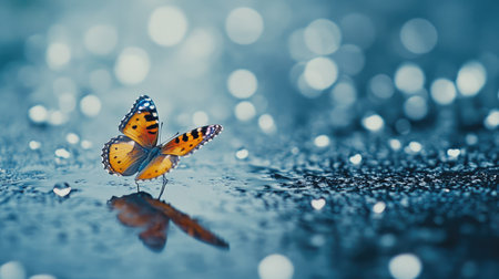 A solitary butterfly rests on a rain-soaked surface, showcasing its vibrant orange and black wings, surrounded by shimmering droplets and a soft blue backdrop, creating a serene atmosphere.の素材