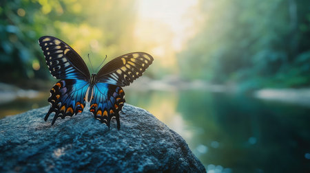 A stunning blue butterfly rests gracefully on a smooth rock beside a gentle stream, surrounded by a lush forest, capturing the essence of natureの素材