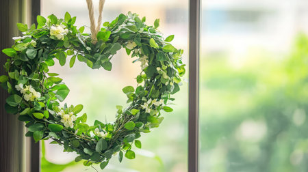 A heart-shaped wreath made of green leaves and white flowers hanging in a bright space, perfect for adding a touch of nature and love to any interior setting.の素材