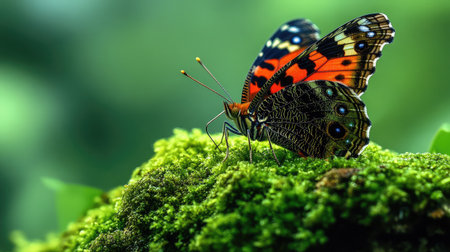 A breathtaking close-up view of a colorful butterfly resting on green moss, showcasing vibrant wing patterns, perfect for nature and wildlife enthusiasts capturing natural beauty.の素材