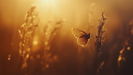 A mesmerizing scene features a butterfly perched on tall grass during sunset, bathed in warm golden hues, creating a peaceful and dreamy atmosphere of nature's beauty.の素材