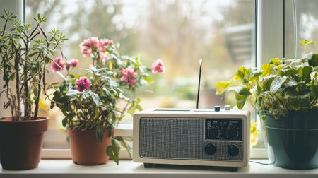 A charming vintage radio rests on a sunlit windowsill, surrounded by lush plants and colorful flowers, enhancing the serene ambiance of a cozy indoor space.の素材