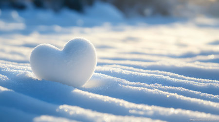 A charming heart-shaped snow formation gently rests on a soft white snow surface, symbolizing love and serenity in a tranquil winter landscape, evoking warmth amidst the cold.の素材