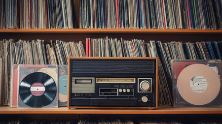 A nostalgic scene featuring a vintage turntable surrounded by a diverse collection of vinyl records on a wooden shelf, creating a cozy atmosphere for music enthusiasts.の素材