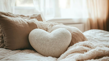 A beautifully arranged bedroom scene featuring a heart-shaped knit pillow, soft cushions, and warm textiles, embodying comfort and romance in a cozy space.の素材