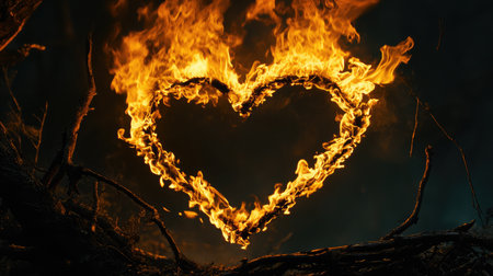 This striking image features a heart-shaped flame glowing vividly against a dark forest backdrop, capturing the essence of love and passion in a visually stunning display.の素材