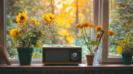 A vintage radio sits next to vibrant flowers on a sunlit window sill, creating a serene and inviting atmosphere perfect for relaxation and enjoyment of nature's beauty.の素材