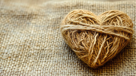 This heart-shaped twine decoration rests on a burlap background, showcasing its natural charm and texture. Ideal for craft projects or warm home decorating themes.の素材