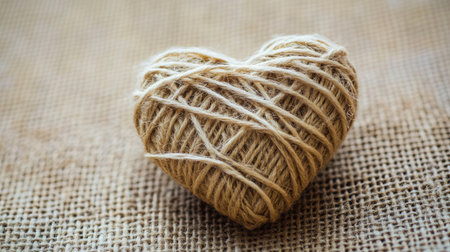 A beautifully crafted heart shape made of twine on a textured background, ideal for showcasing love, craft projects, or rustic designs in various creative works.の素材
