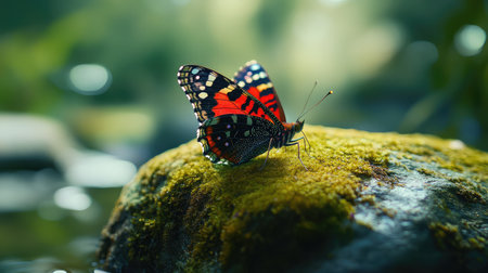 A beautifully detailed close-up of a vibrant butterfly resting on a moss-covered rock by the water, capturing the essence of nature's beauty and tranquility in a serene environment.の素材