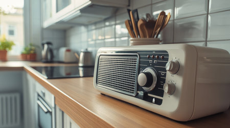 A charming scene featuring a retro radio placed on a wooden kitchen countertop, surrounded by stylish appliances, evoking a warm and inviting atmosphere for home cooking and leisure activities.の素材