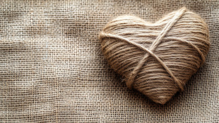 A charming heart-shaped bundle of twine rests on a rustic burlap background, conveying warmth and love. Ideal for craft projects or as a decorative piece in home settings.の素材