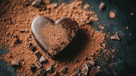 A heart-shaped dark chocolate piece surrounded by cocoa powder and shavings, creating a luxurious display perfect for dessert lovers. Ideal for celebrating love or special occasions.の素材