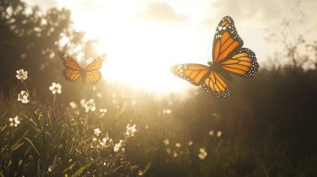Two vibrant monarch butterflies gracefully flutter in a sunlit meadow, surrounded by delicate wildflowers, showcasing nature's beauty and tranquility at golden hour.の素材