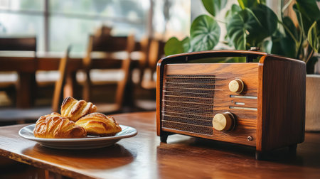 A charming scene featuring a classic radio alongside a plate of fresh pastries, curated in a warm cafの素材