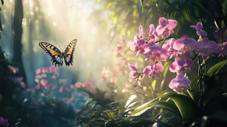 A stunning butterfly hovers gracefully near vibrant orchids in a serene, sunlit forest, creating a captivating scene filled with tranquility and natural beauty.の素材